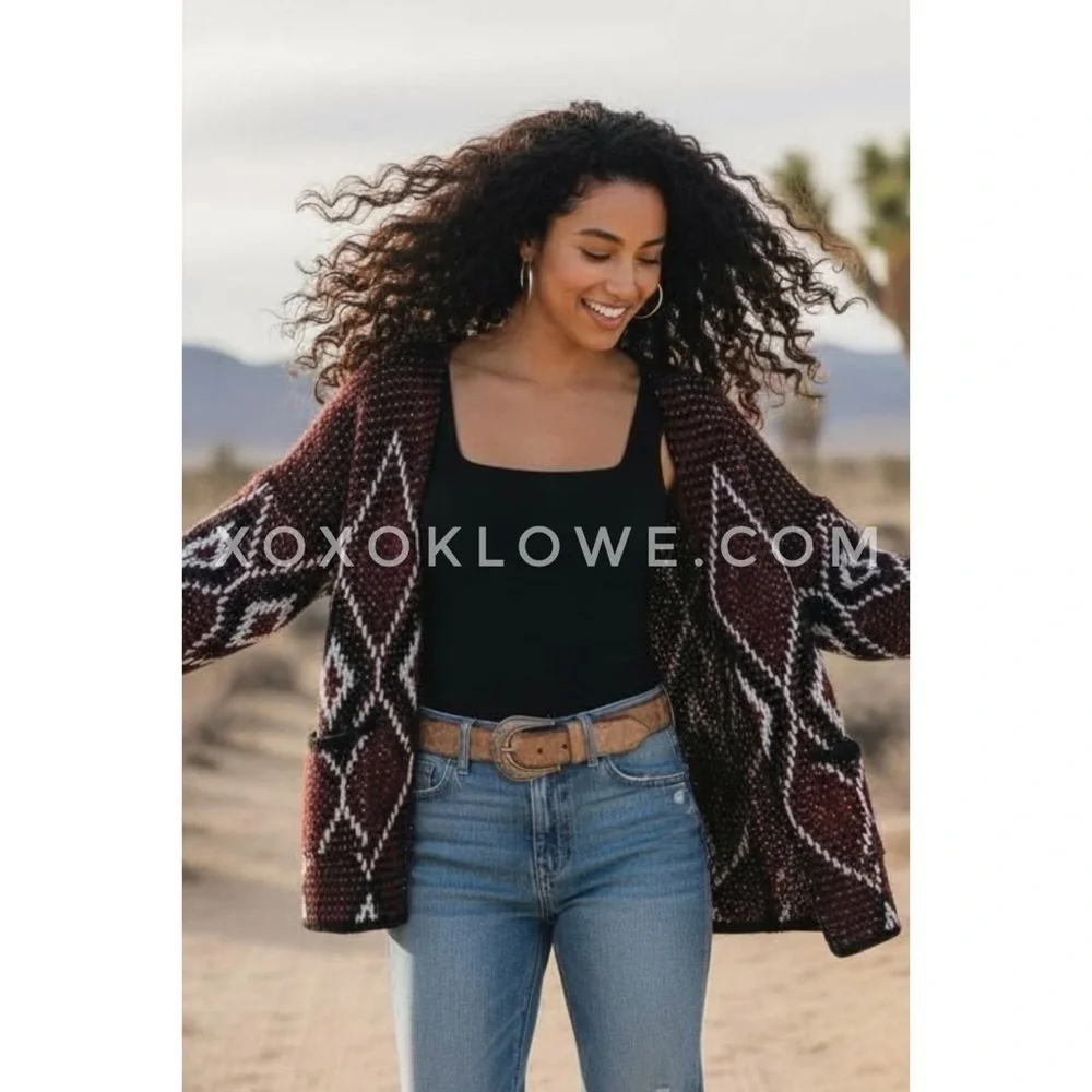 POL Burgundy Diamond Pattern Cardigan | Southwestern Chunky Knit Relaxed Fit - Picture 7 of 9